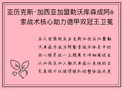 亚历克斯·加西亚加盟勒沃库森成阿隆索战术核心助力德甲双冠王卫冕